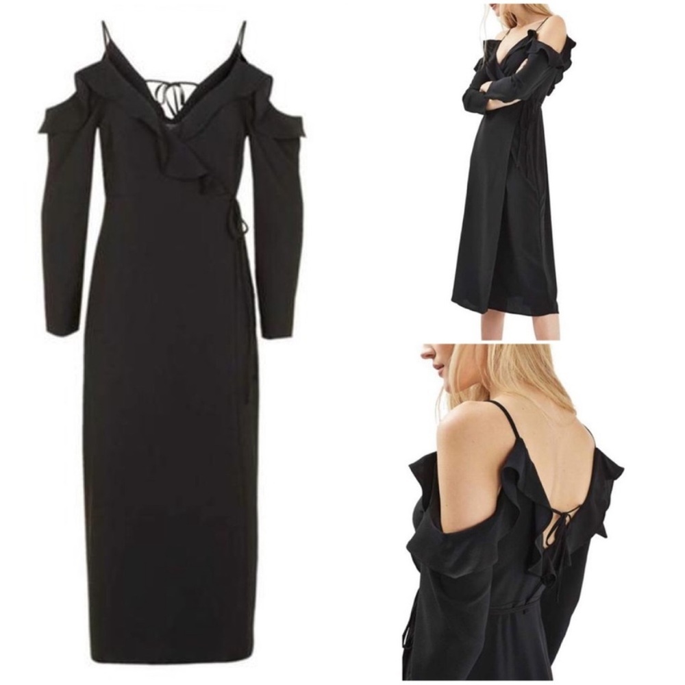 TOPSHOP BLACK RUFFLE COLD SHOULDER WRAP DRESS SIZE 4